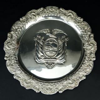 Appraisal: Vintage Silver Ecuador Coat of Arms Repousse Tray Unsigned J