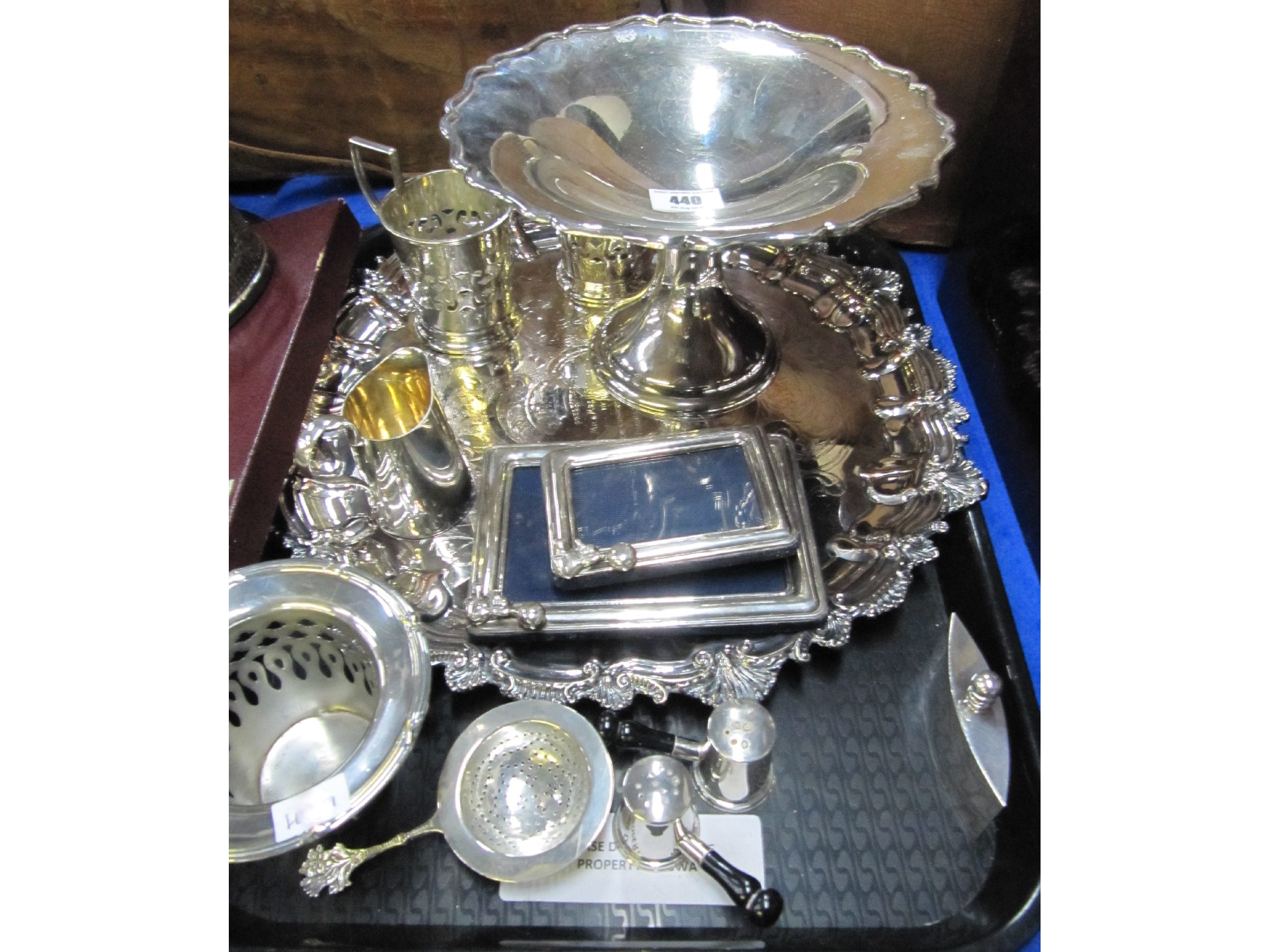 Appraisal: A tray lot of EP - salver tazza photo frames