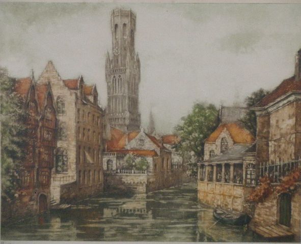 Appraisal: Artist Signed Color Etching View in Bruges artist's pencil signature