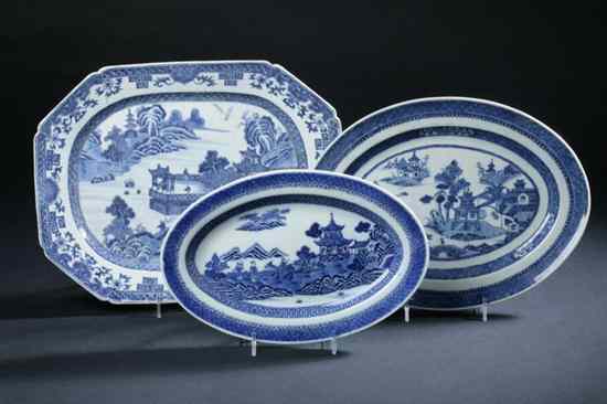 Appraisal: THREE CHINESE NANKING BLUE AND WHITE PORCELAIN PLATTERS th century