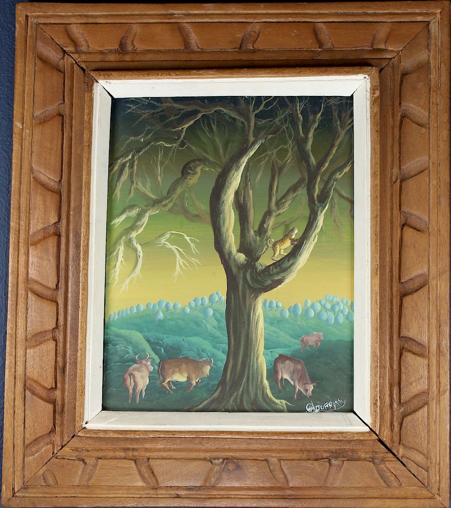 Appraisal: Signed Vintage Surrealist Landscape with Cows Signed Vintage Surrealist Landscape