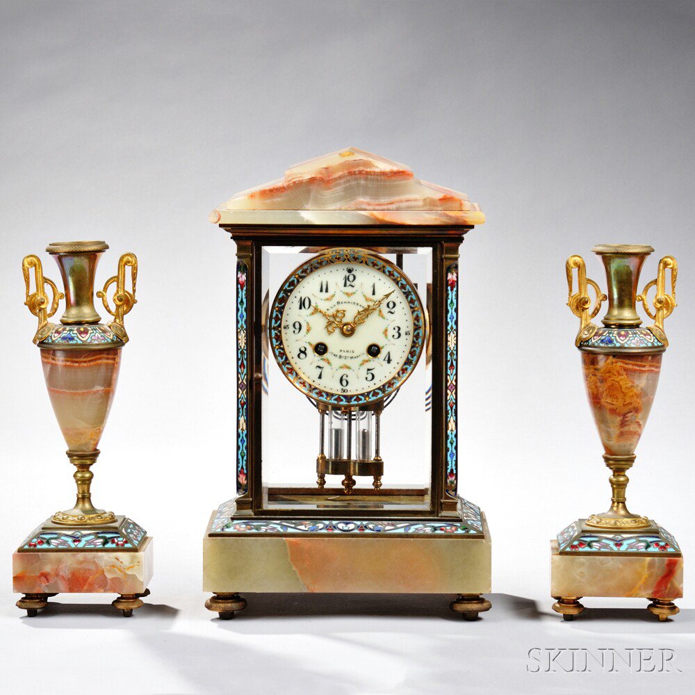 Appraisal: Champleve and Marble Crystal Regulator Mantel Clock and Garniture French