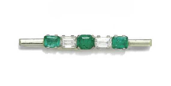 Appraisal: EMERALD AND DIAMOND BAR BROOCH ca White gold Decorative bar