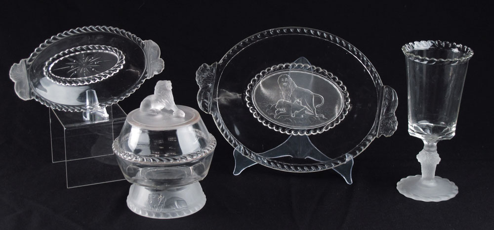 Appraisal: PIECE EAPG GILLINDER LION HEAD GLASSWARE To include Lidded footed