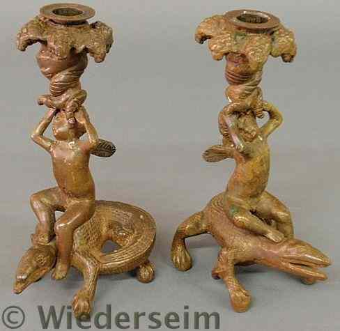 Appraisal: Pair of bronze candlesticks early th c in the form