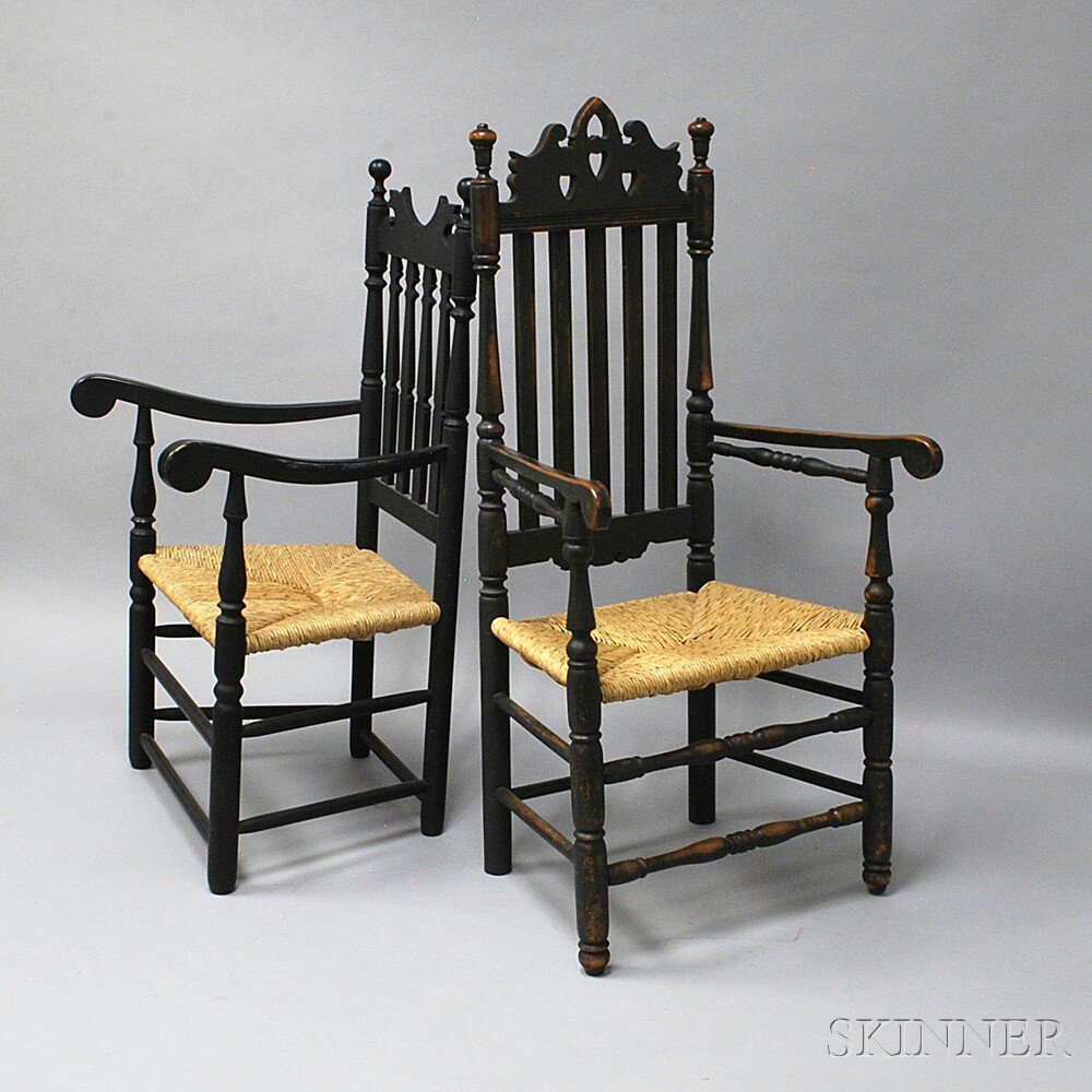 Appraisal: Two Black-painted William and Mary-style Banister-back Armchairs including one with