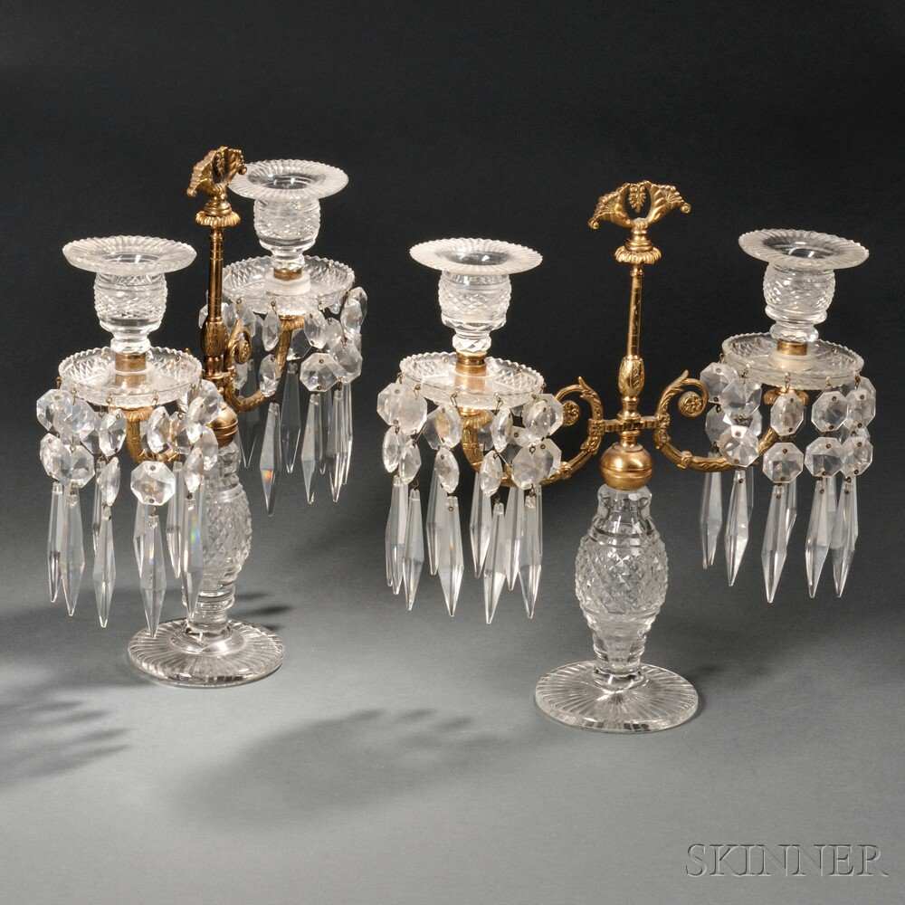 Appraisal: Pair of Cut Glass Two-light Candelabra France th century each