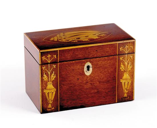 Appraisal: Georgian style inlaid mahogany tea caddy rectangular case with hinged