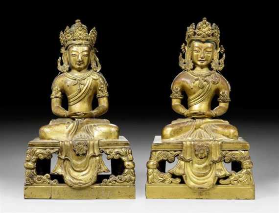 Appraisal: TWO VERY SIMILAR GILT BRONZE FIGURES OF AMITHAYUS ON A