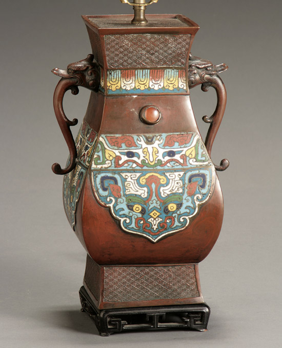 Appraisal: Chinese Carnelian Agate Mounted Champlev Enamel and Bronze Archaic-Form Urn