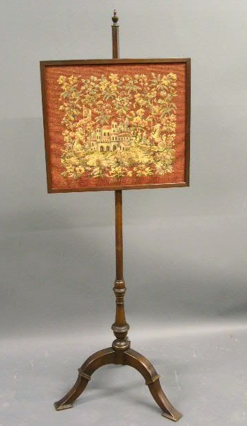 Appraisal: Mahogany pole screen with petit point scene of a villa