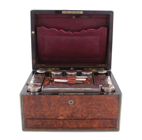 Appraisal: English brass-bound burl walnut dressing case Bramah th century gilded