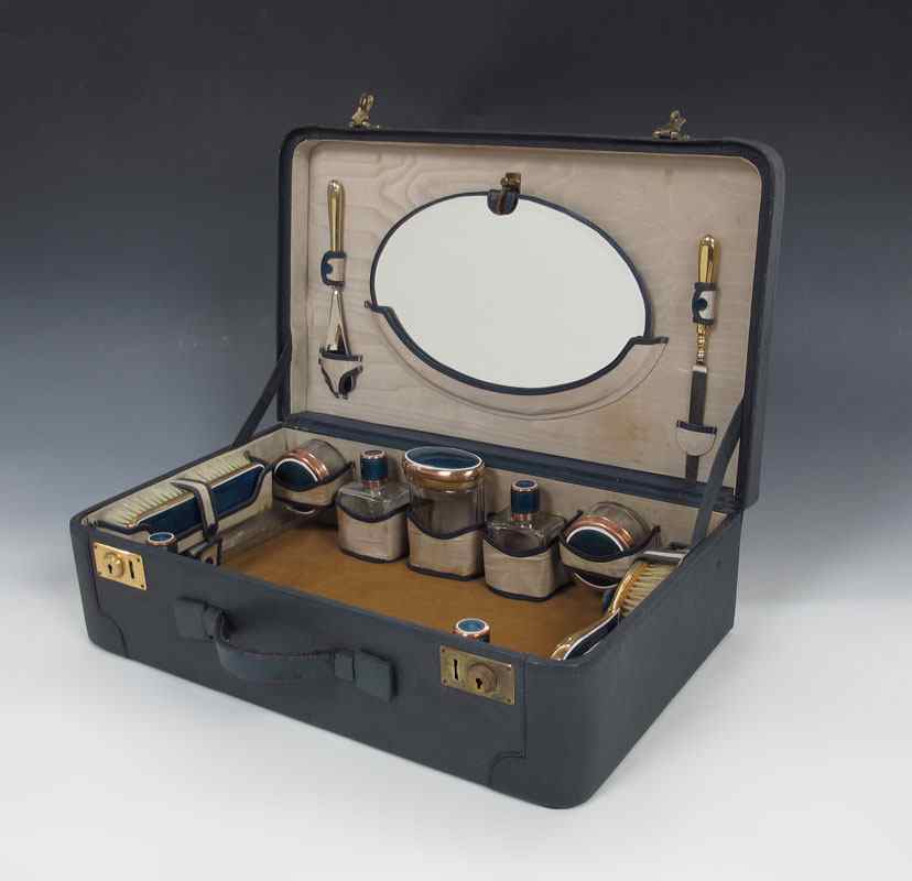 Appraisal: GERMAN ENAMELED VANITY SET IN CASE Vanity set with brass