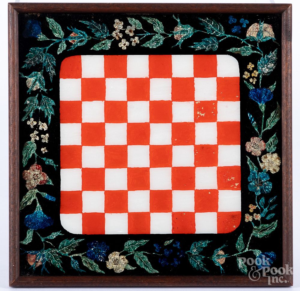 Appraisal: Reverse painted and foil checkerboard th c Reverse painted and