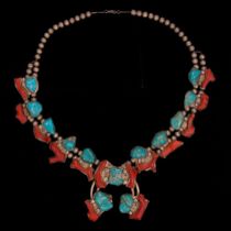 Appraisal: Sterling Silver with Coral and Turquoise Necklace Striking necklace comprised