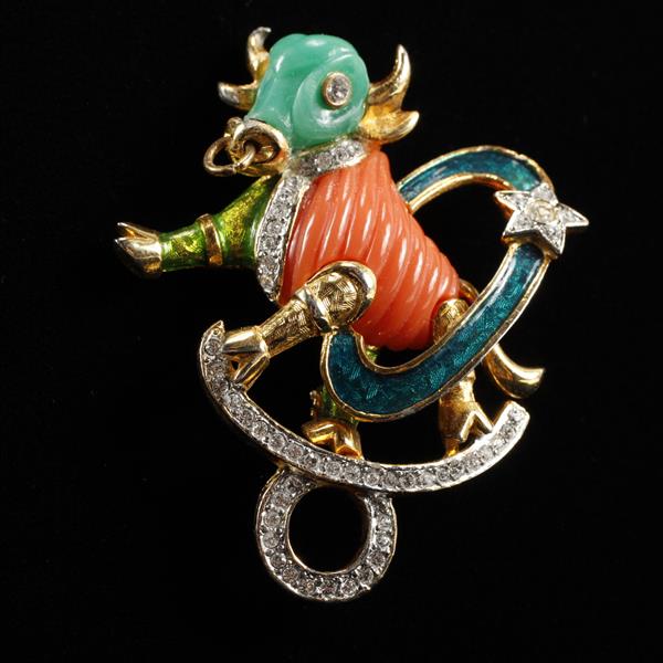 Appraisal: DeNicola Taurus Zodiac Bull Enamel Molded Glass Rhinestone Brooch Pin