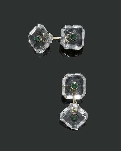 Appraisal: ROCK CRYSTAL AND EMERALD CUFF LINKS ca White gold Fancy