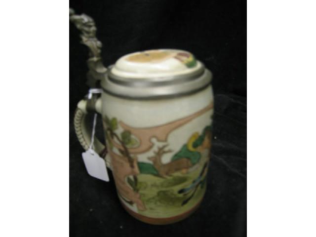 Appraisal: German Pottery Beer Stein etched hunting scene inlaid top liter