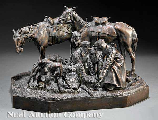 Appraisal: A Patinated Bronze Sculpture of a Hunting Party with Hounds