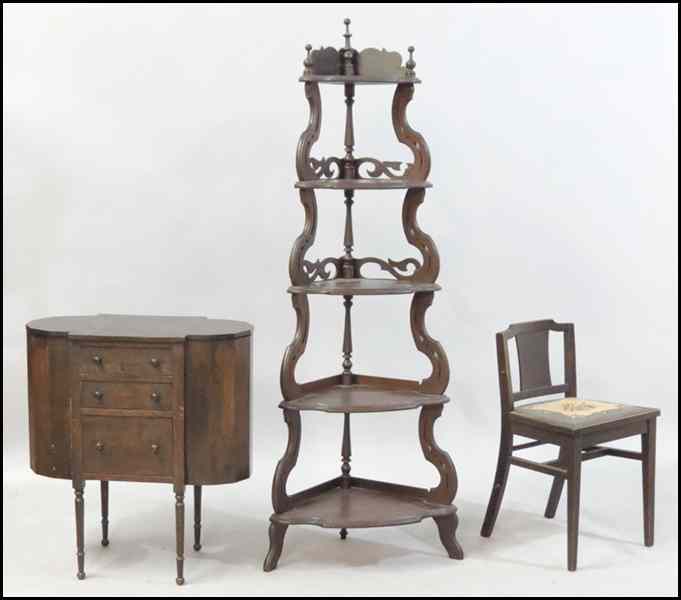 Appraisal: CARVED MAHOGANY ETEGERE Together with a mahogany sewing cabinet and