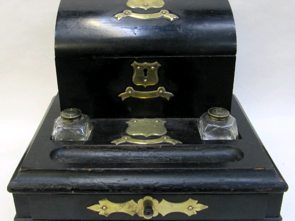 Appraisal: Victorian ebonised table top writing compendium with flatback coffer shaped