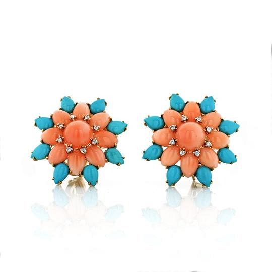 Appraisal: FLOWER K YELLOW GOLD CORAL TURQUOISE AN DIAMOND FLOWER K