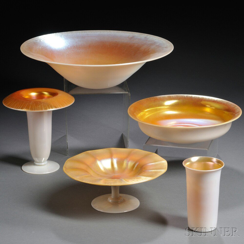 Appraisal: Five Iridescent Glass Items Attributed to Steuben Art glass Corning