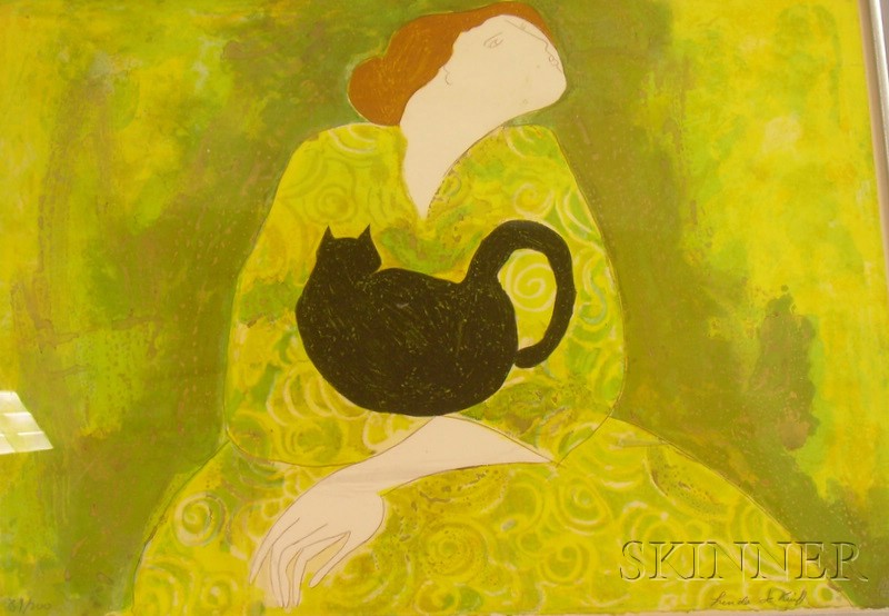 Appraisal: Framed Lithograph on Paper Board Woman with Cat Le Chat