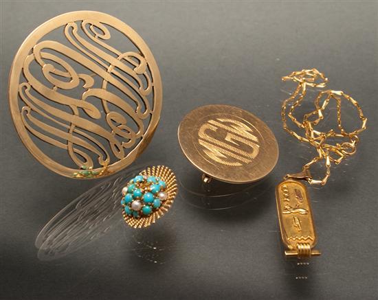 Appraisal: Assortment of gold jewelry including two monogrammed brooches a pendant