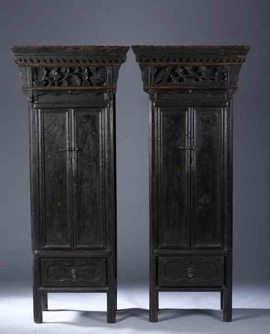 Appraisal: PAIR CHINESE LACQUERED ELMWOOD CABINETS th century Rectangular outline with