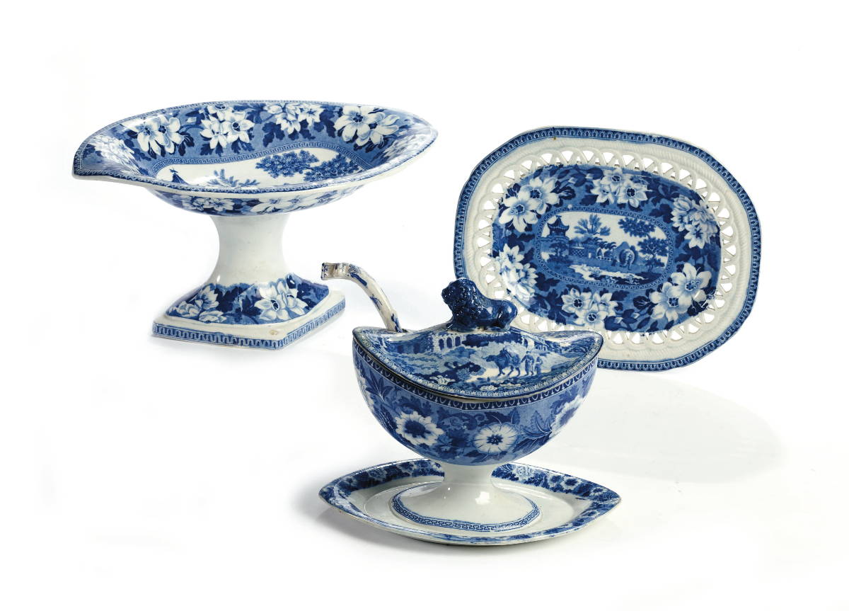 Appraisal: STAFFORDSHIRE BLUE TRANSFER-PRINTED 'ELEPHANT' PATTERN ELLIPTICAL COMPOTE AND A RETICULATED