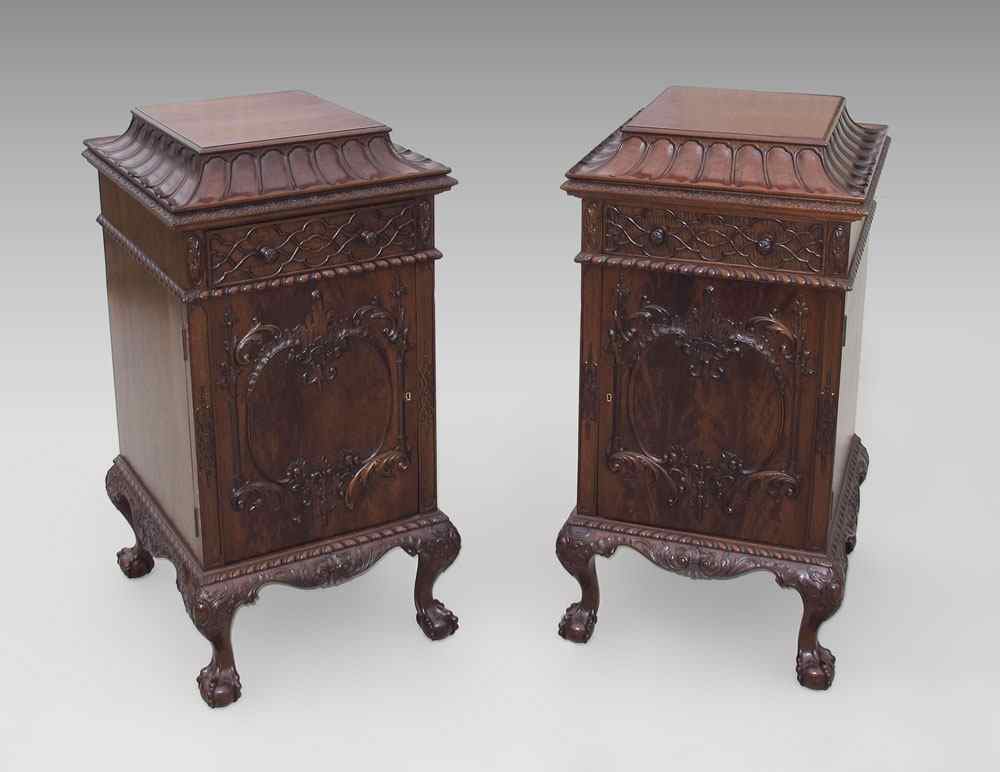 Appraisal: MATCHING CHIPPENDALE MAHOGANY PEDESTALS - CELLARETTE AND LINEN CABINET Ca