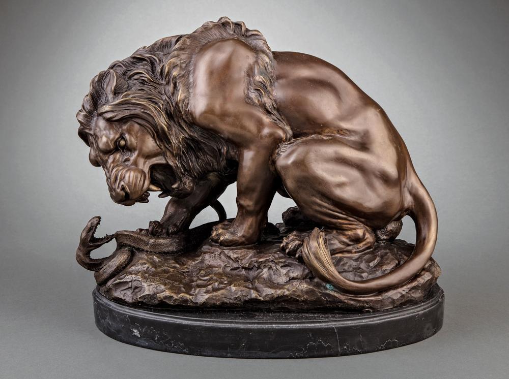 Appraisal: Large Bronze Figural Group of a Lion Fighting a Snake