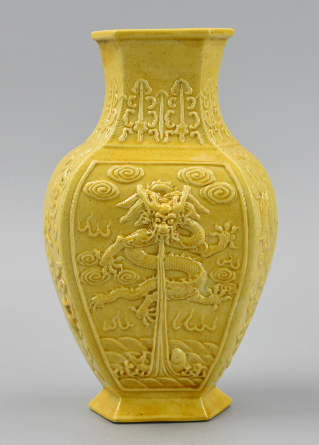 Appraisal: CHINESE HEXAGON YELLOW VASE W DRAGON TH C Chinese hexagon