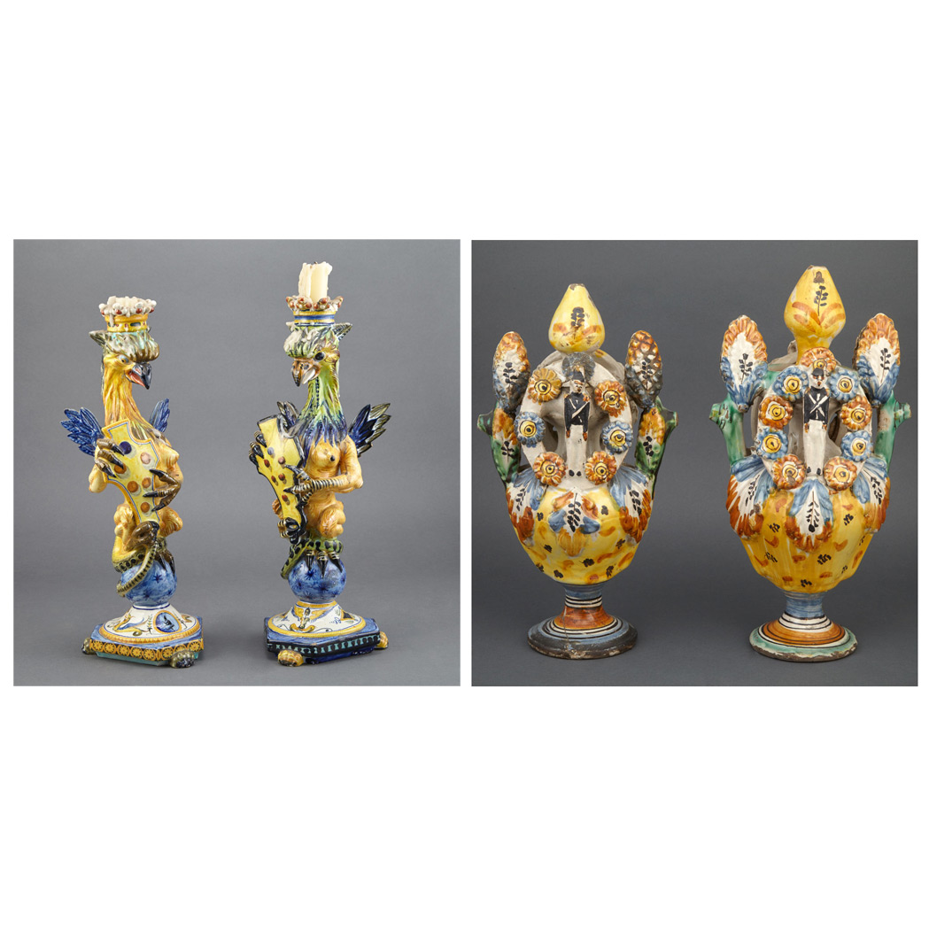 Appraisal: Pair of Continental Polychrome Glazed Faience Vases th Century Each