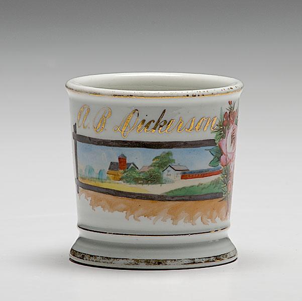 Appraisal: UNUSUAL FARMER'S OCCUPATIONAL SHAVING MUG porcelain with polychrome painted scene