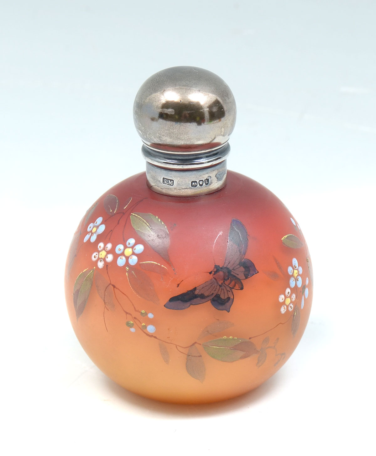 Appraisal: WEBB PEACH BLOW PERFUME BOTTLE WITH STERLING LID Thomas Webb