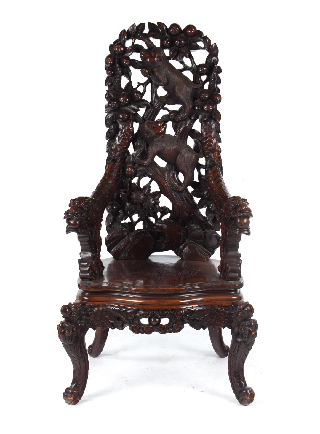 Appraisal: Chinese Export carved hardwood armchair th century elaborately carved back