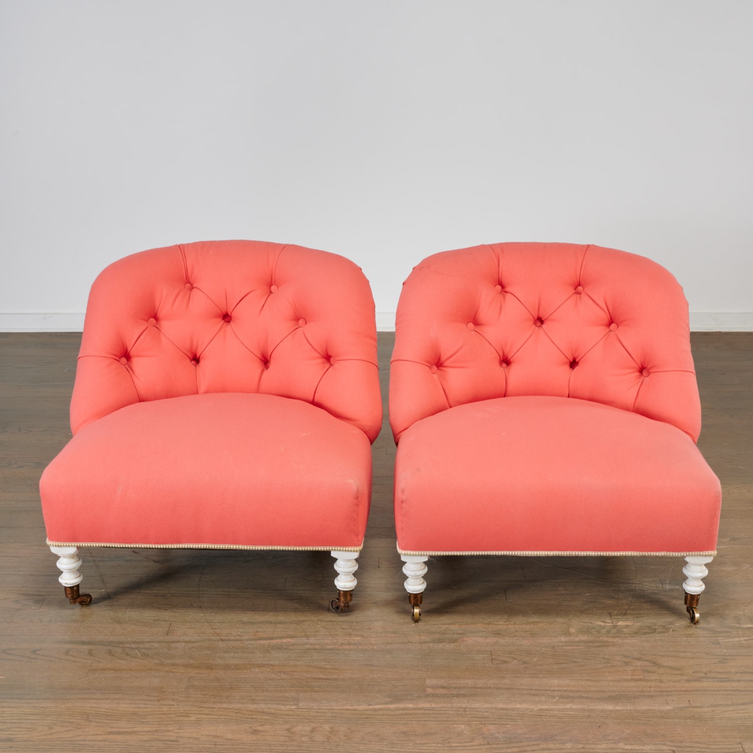 Appraisal: PAIR CUSTOM GEORGE SMITH STYLE SLIPPER CHAIRS th c coral