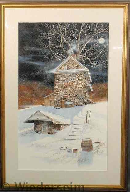 Appraisal: Watercolor painting of a winter night landscape with a pointed