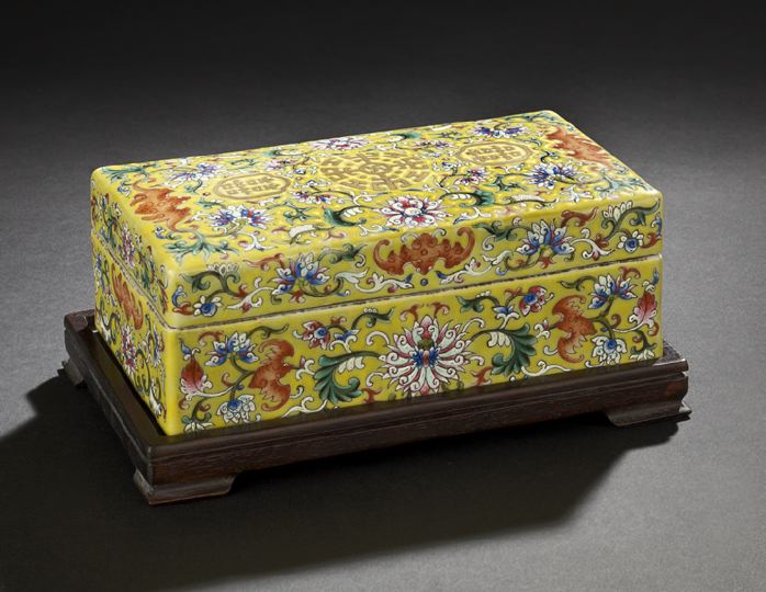 Appraisal: Chinese Famille Jaune Porcelain Covered Box of rectangular form and