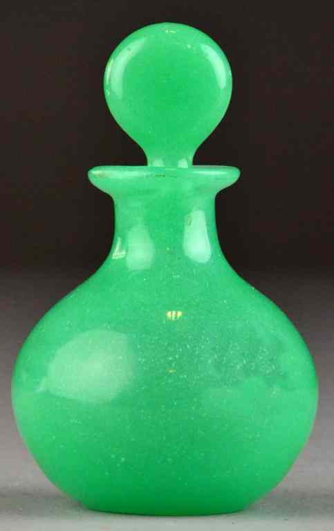 Appraisal: Jade Glass Perfume Bottle Possibly SteubenOf squat bottle form with