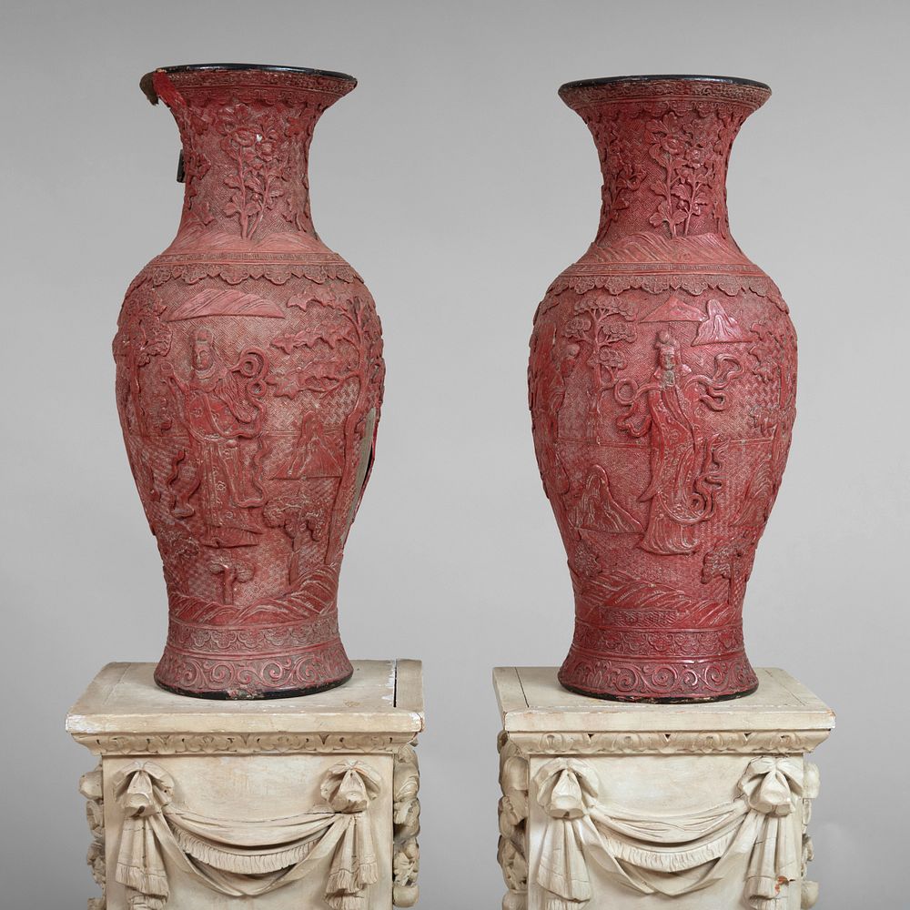 Appraisal: Pair of Chinese Cinnabar Lacquer Vases in high John Richardson