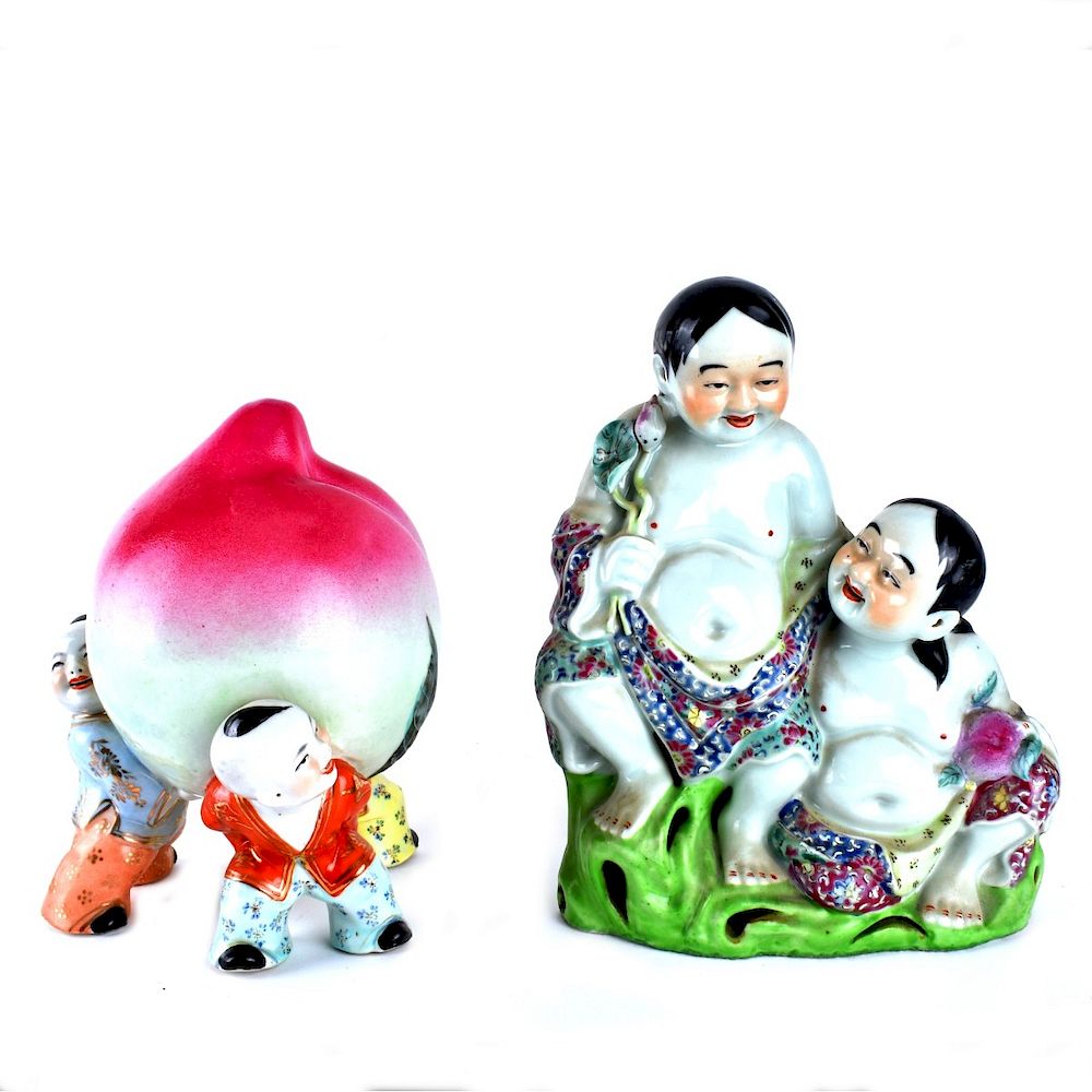 Appraisal: Chinese Figurines Grouping of Two Chinese Porcelain Figurines Includes peach