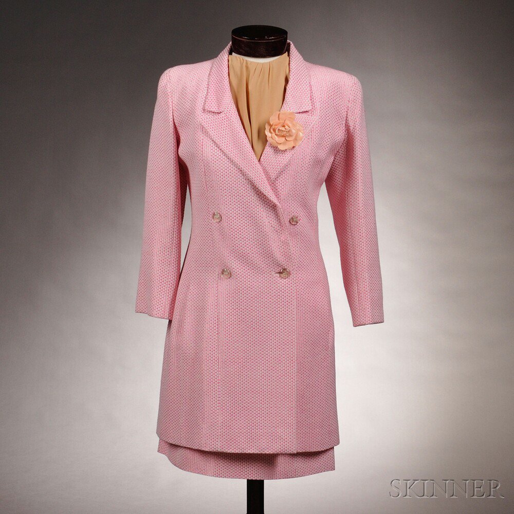 Appraisal: Chanel Pink and White Weave Jacket and Skirt Ensemble with