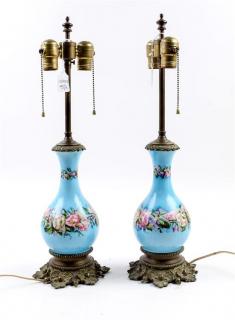 Appraisal: A Pair of Opaline Glass Lamps each painted with floral