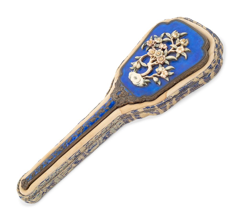 Appraisal: A Chinese Bone Inset Blue Enameled Metal Hand Mirror Length