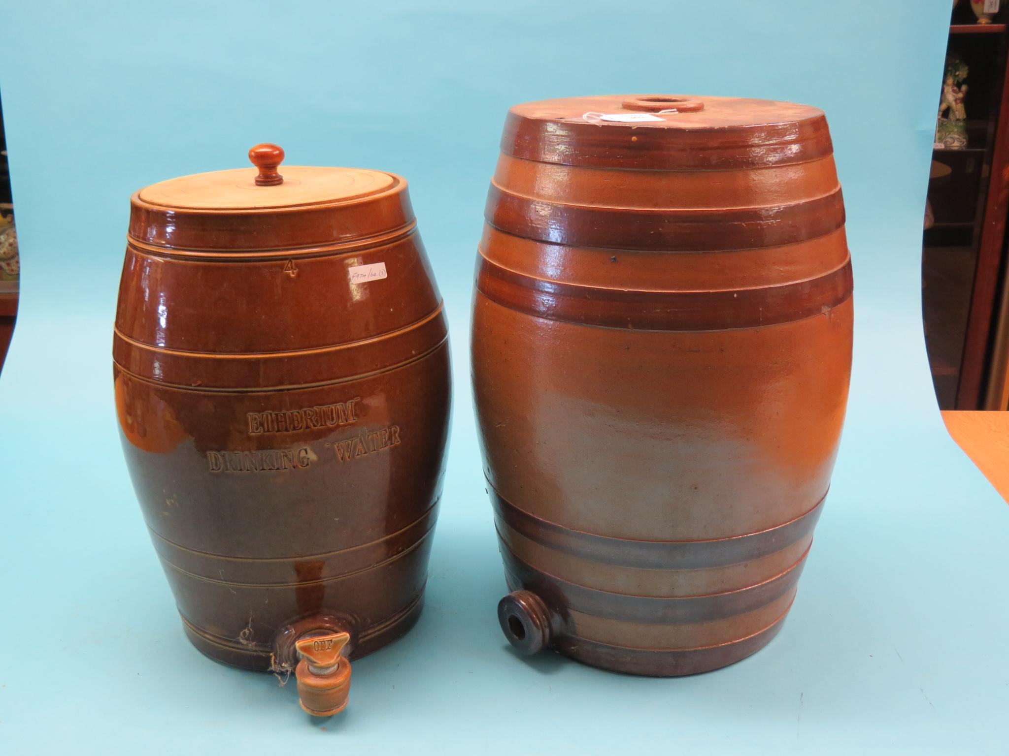 Appraisal: A Victorian salt-glazed stoneware liquor barrel in another impressed Etherium