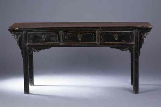 Appraisal: CHINESE LACQUERED ELMWOOD SIDE TABLE th century The rectangular top