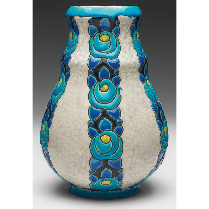 Appraisal: Boch Freres vase Belgian gourd shape with painted stylized blue